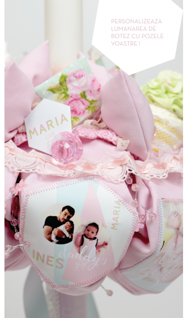 Lumanare de botez personalizata cu poze personale, 65x4 cm, Album de familie   1